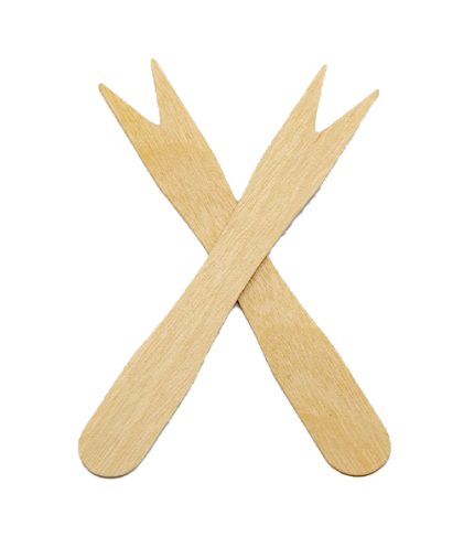 Selective focus of wooden cocktail fork on white background, Two small wood spike fork toothpick, A new alternative cutlery that can decompose naturally, Eco friendly products.