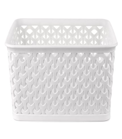 Front view of white rectangular plastic storage basket isolated on white