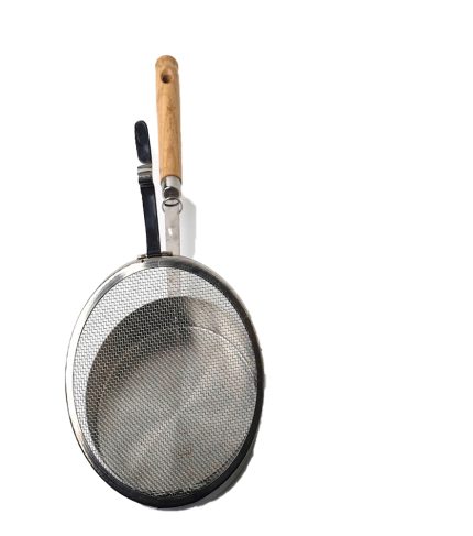 The small stainless steel oil strainer with handle and ring lock on white background