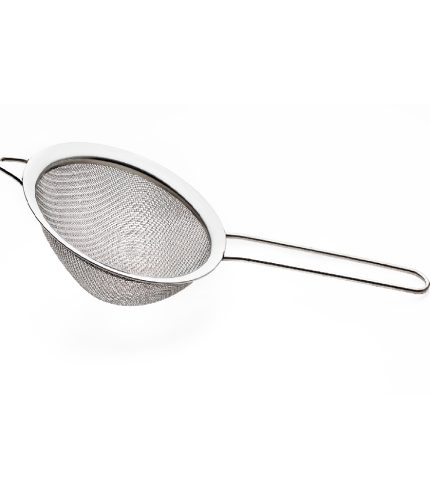 Metallic colander for cooking (kitchenware collection). Isolated on white background.