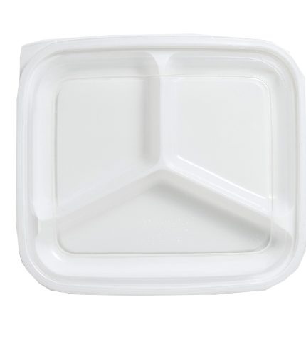 Plastic lunch box three compartment separated top view  isolated on white background