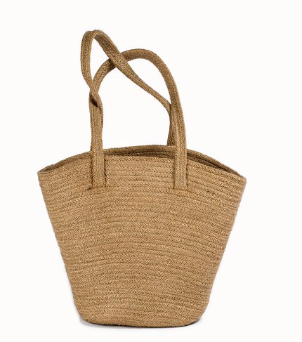 Close Up Of A Large Natural Plant Fibre Jute Burlap Bags Eco-Friendly & Reusable In Natural Brown Color Handles Isolated On White Background