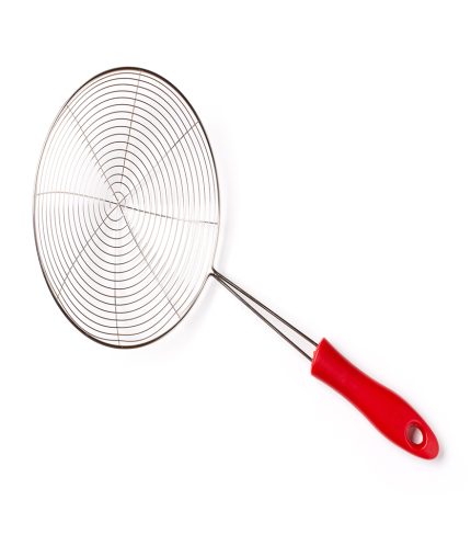 Metallic colander with long red plastic handle isolated on white background, top view, flat lay.